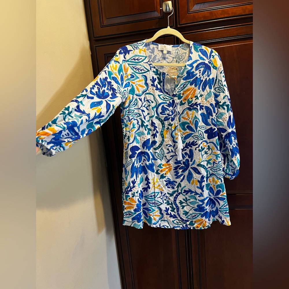Susan Graver Soleil Regular Printed Woven Dress w/Pockets and Tassle Ties - XSP - Picture 2 of 8
